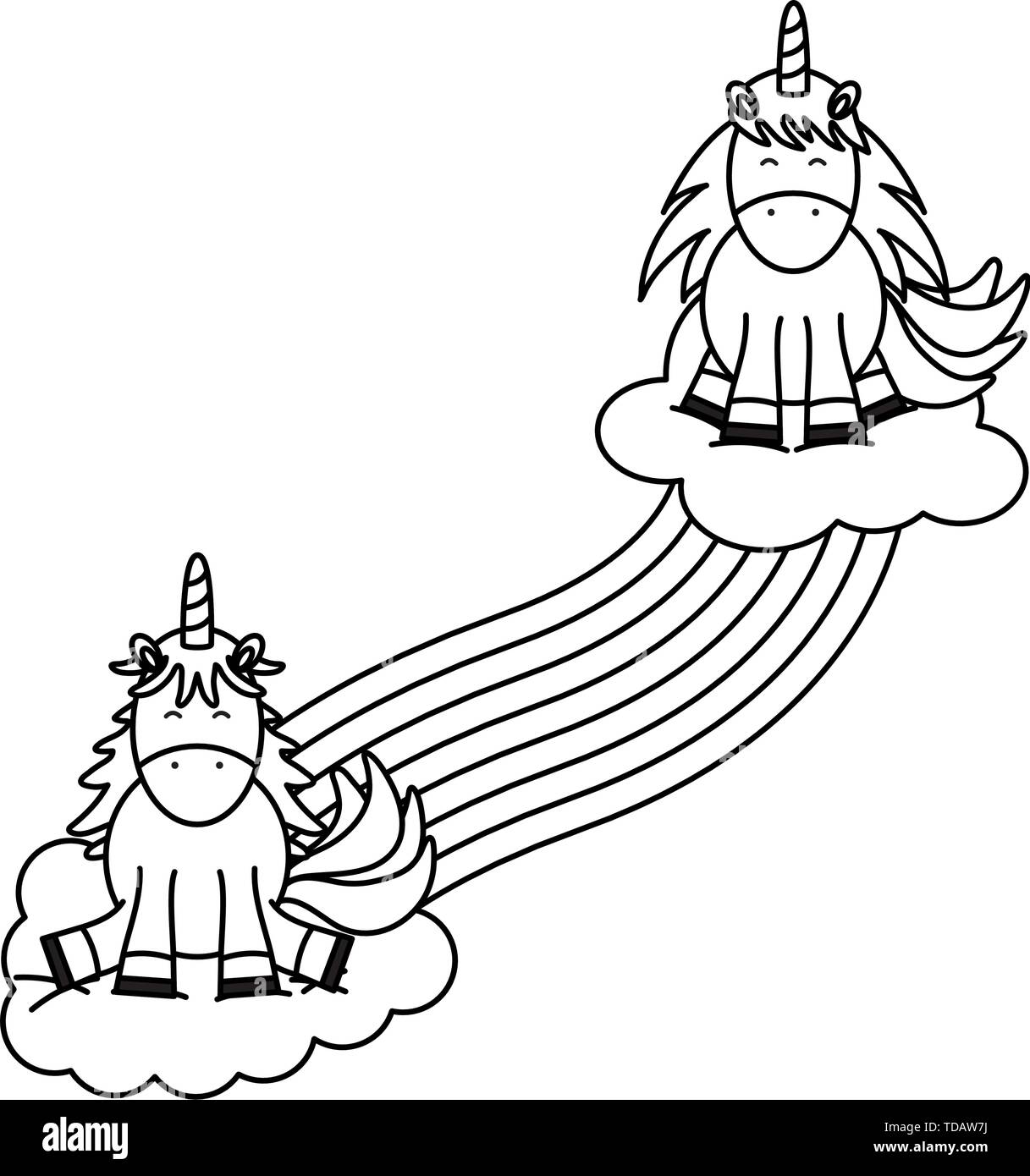 Carino unicorns adorabile con le nuvole e rainbow illustrazione vettoriale design Illustrazione Vettoriale