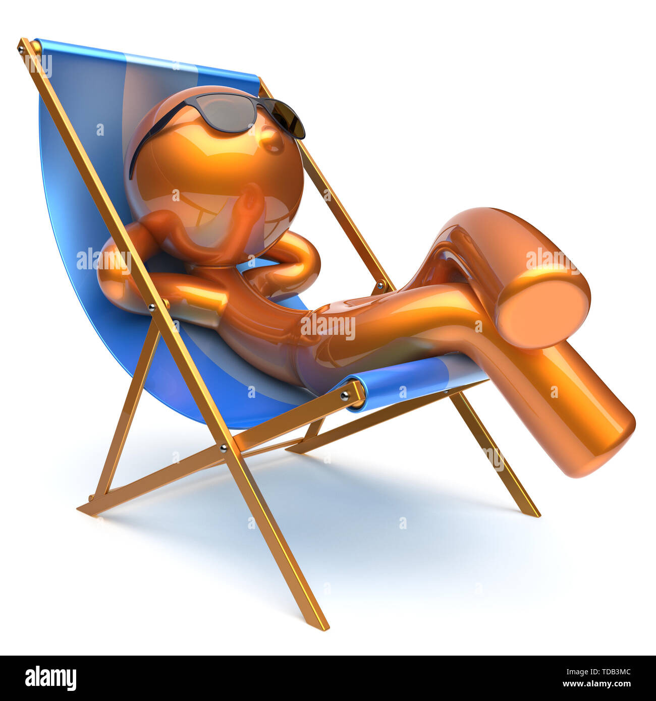 Uomo di spensierata rilassante spiaggia di refrigerazione sedia a sdraio occhiali da sole esterna di estate comfort cartoon stilizzato carattere d'oro sdraio chaise lounge sunbathi Foto Stock