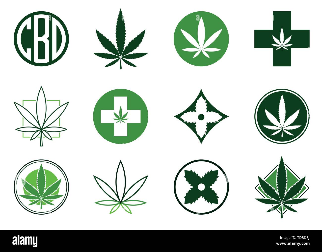 La marijuana, Cannabis set di icone. Set di medico e di marijuana a scopo ricreativo logo e icone. Verde foglia di marijuana. Logo della CBD. Isolato illustrazione vettoriale Illustrazione Vettoriale