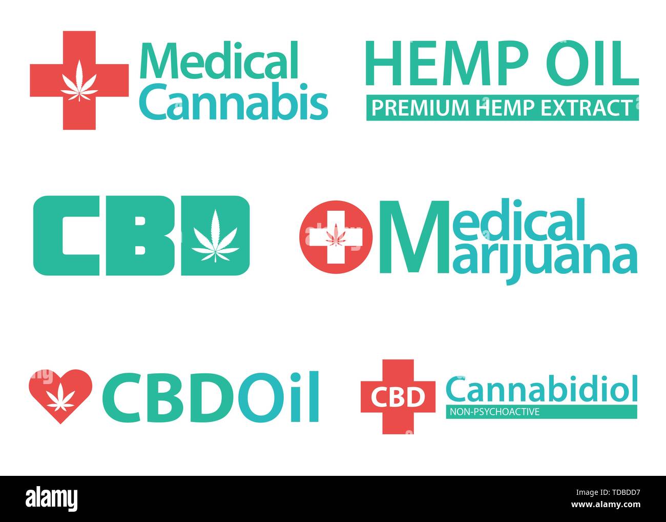 La marijuana medica, la cannabis logo icon set. Set di medico e di marijuana a scopo ricreativo logo e icone. La marijuana Healthcare logo. Logo della CBD. Isolato Illustrazione Vettoriale