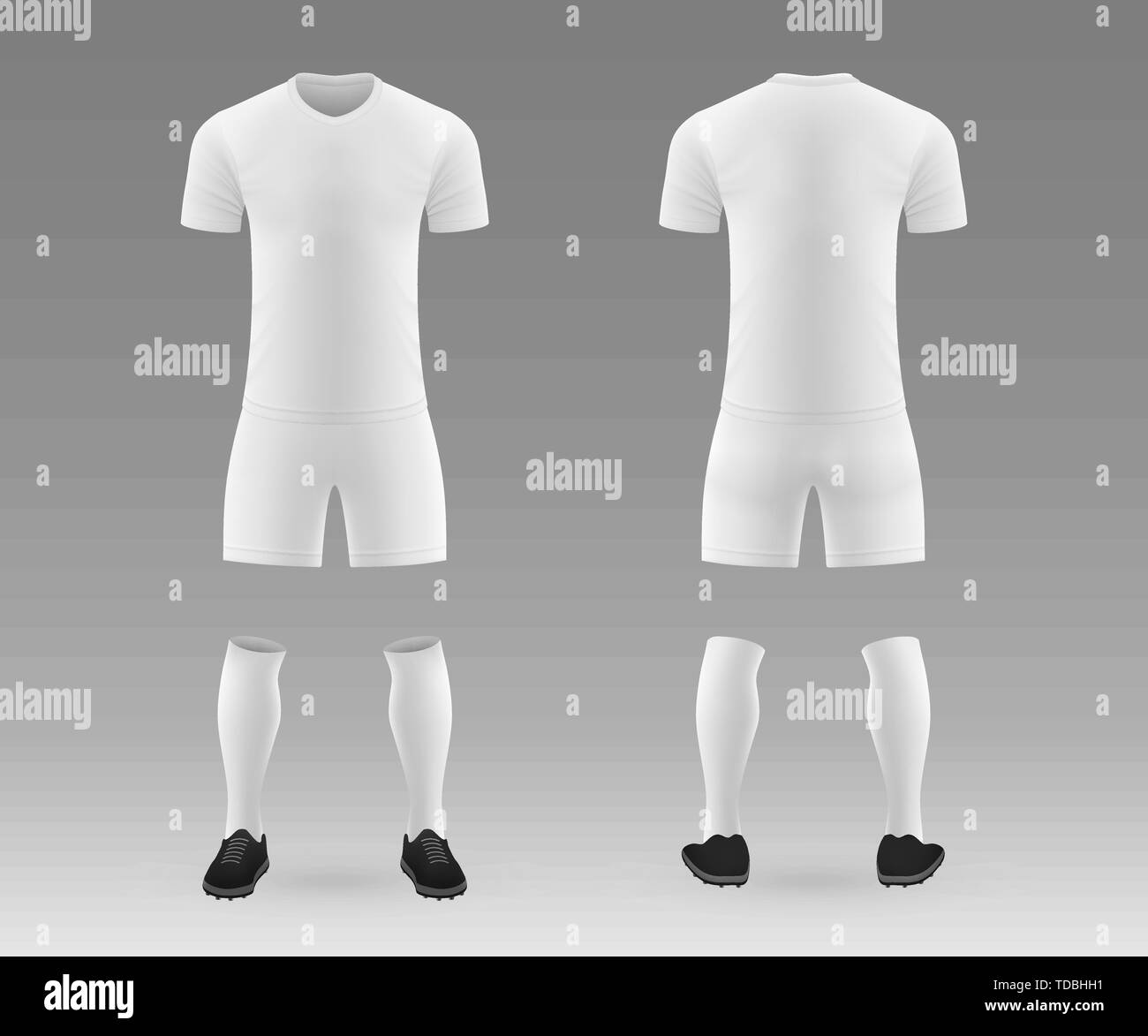 3D realistica del modello kit calcio con jersey, pantaloni e calze su shop sullo sfondo. Mockup del football team uniforme Illustrazione Vettoriale