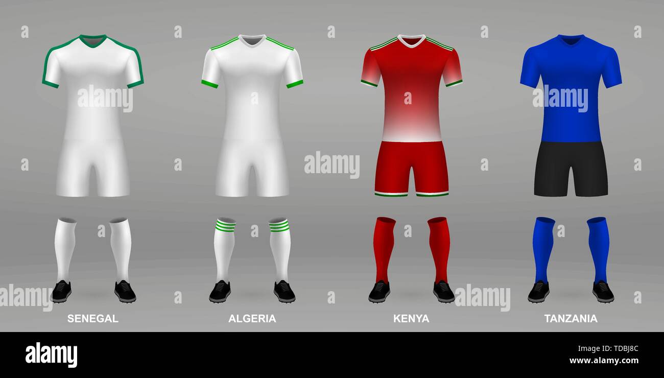 Set di realistici kit calcio Senegal, Algeria, Kenya, Tanzania, maglietta  modello per Soccer jersey. Illustrazione Vettoriale Immagine e Vettoriale -  Alamy