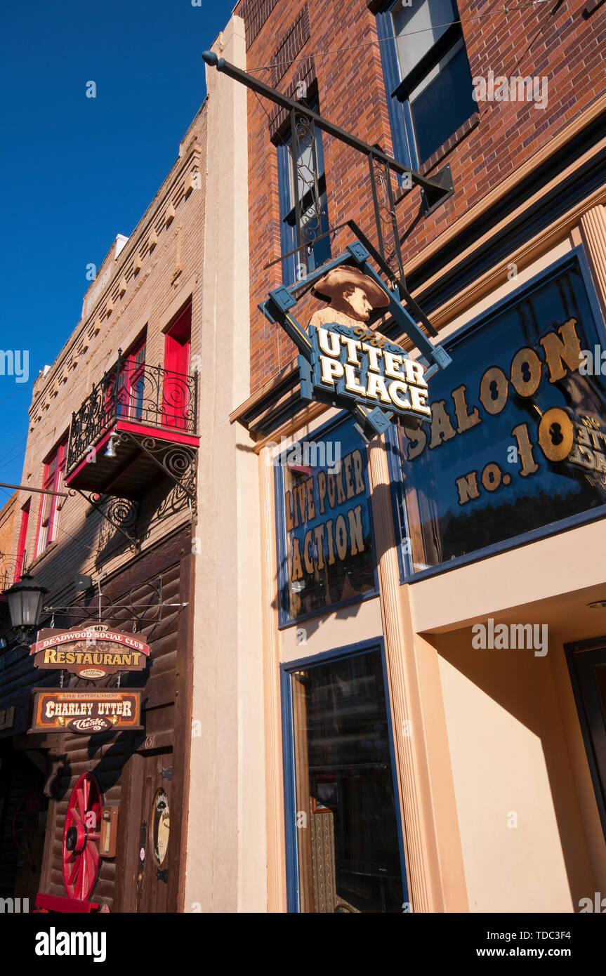 Segni di salone n. 10 in Deadwood (dove Wild Bill Hickok è stato ucciso da Jack McCall in 1876), nella contea di Lawrence, Dakota del Sud, STATI UNITI D'AMERICA Foto Stock