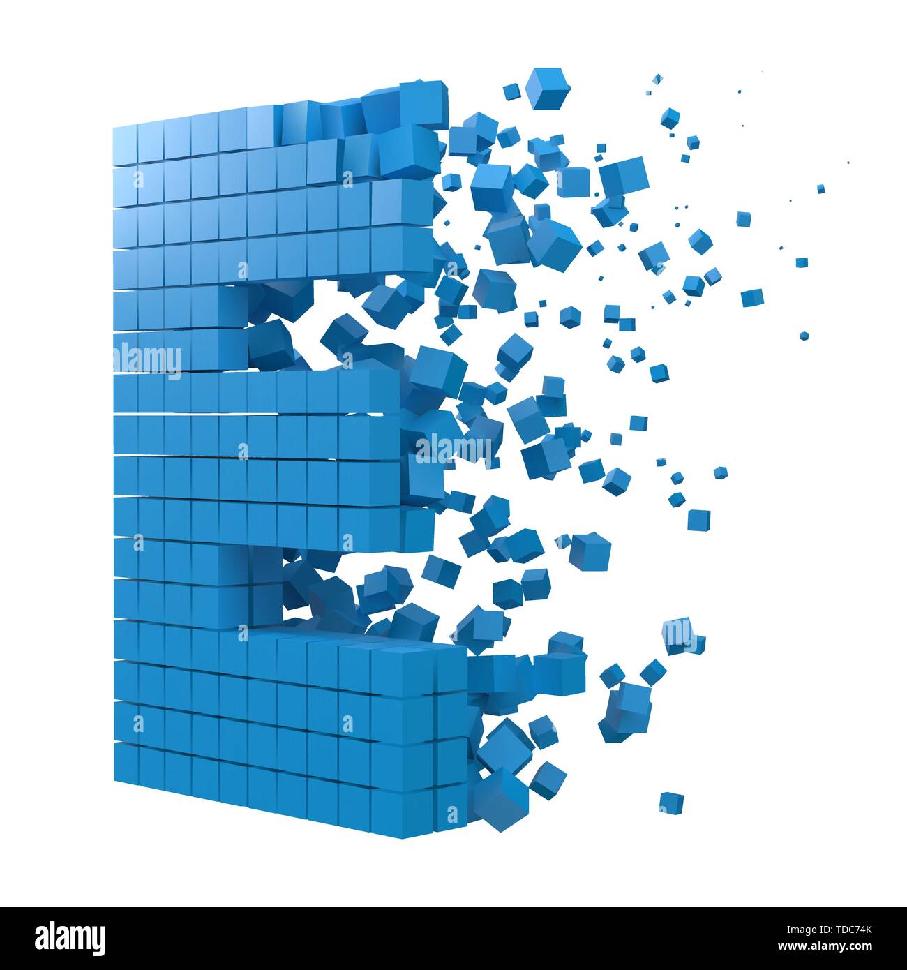 Lettera e a forma di blocco di dati. versione con cubetti di blu. 3d stile pixel illustrazione vettoriale. Adatto per blockchain, tecnologia, computer e abstract th Illustrazione Vettoriale