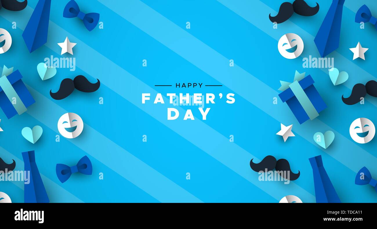 Felice Festa del Papà biglietto di auguri per il papà speciale vacanza. 3D carta tagliare le icone del tirante, baffi, dono e più blu su sfondo colorato. Illustrazione Vettoriale