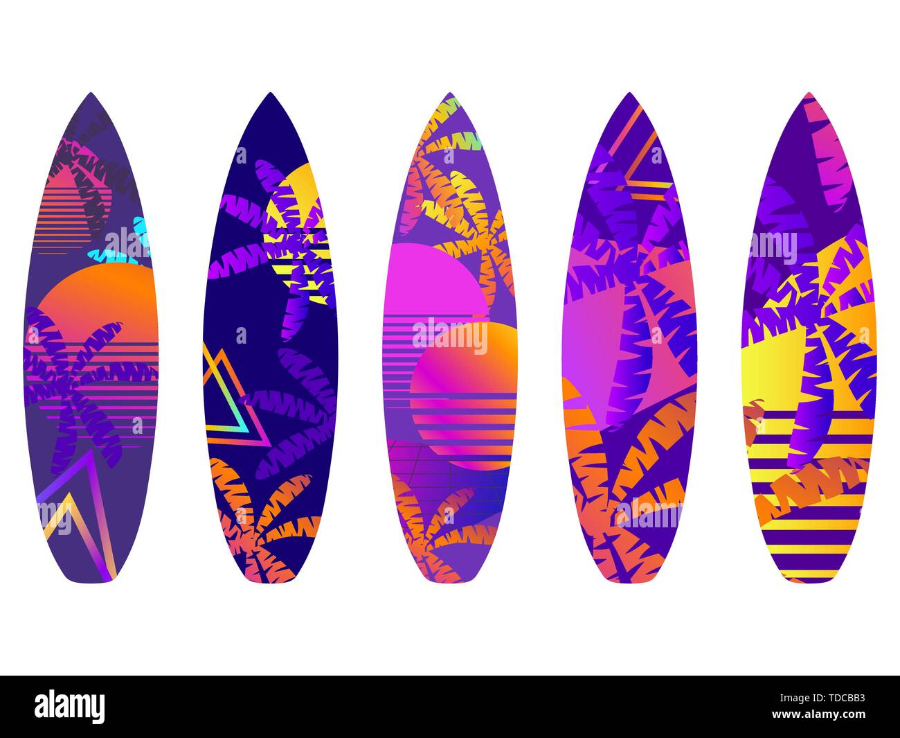 Tavole da surf su uno sfondo bianco. Tipi di tavole da surf con un pattern. Illustrazione Vettoriale Illustrazione Vettoriale