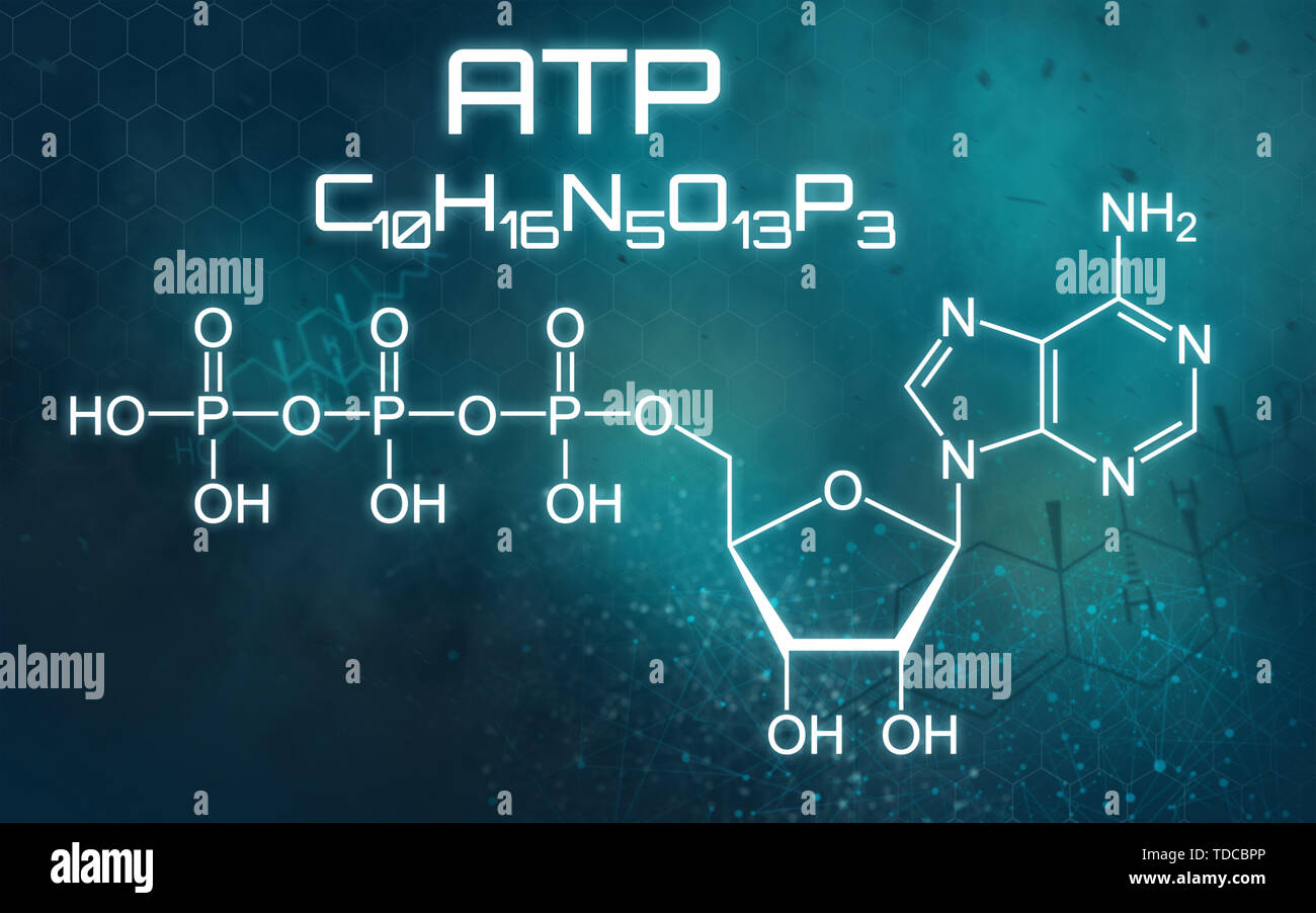 Formula chimica di ATP su uno sfondo futuristico Foto Stock