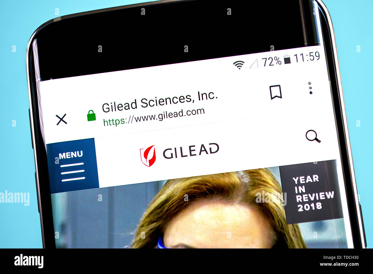 Berdyansk, Ucraina - 4 Giugno 2019: Gilead Sciences website homepage. Gilead Sciences logo visibile sullo schermo del telefono, Editoriale illustrativa Foto Stock