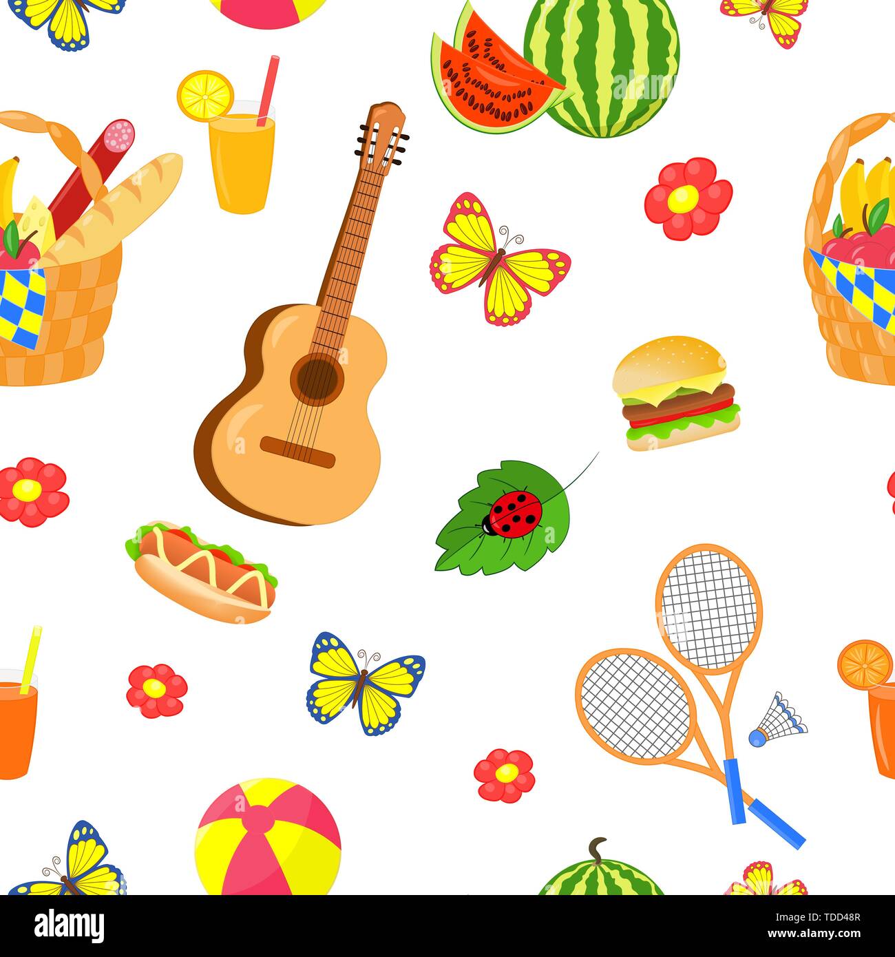 Vector seamless pattern con picnic estivo impostato con il cibo e l'intrattenimento esterno su sfondo bianco Illustrazione Vettoriale