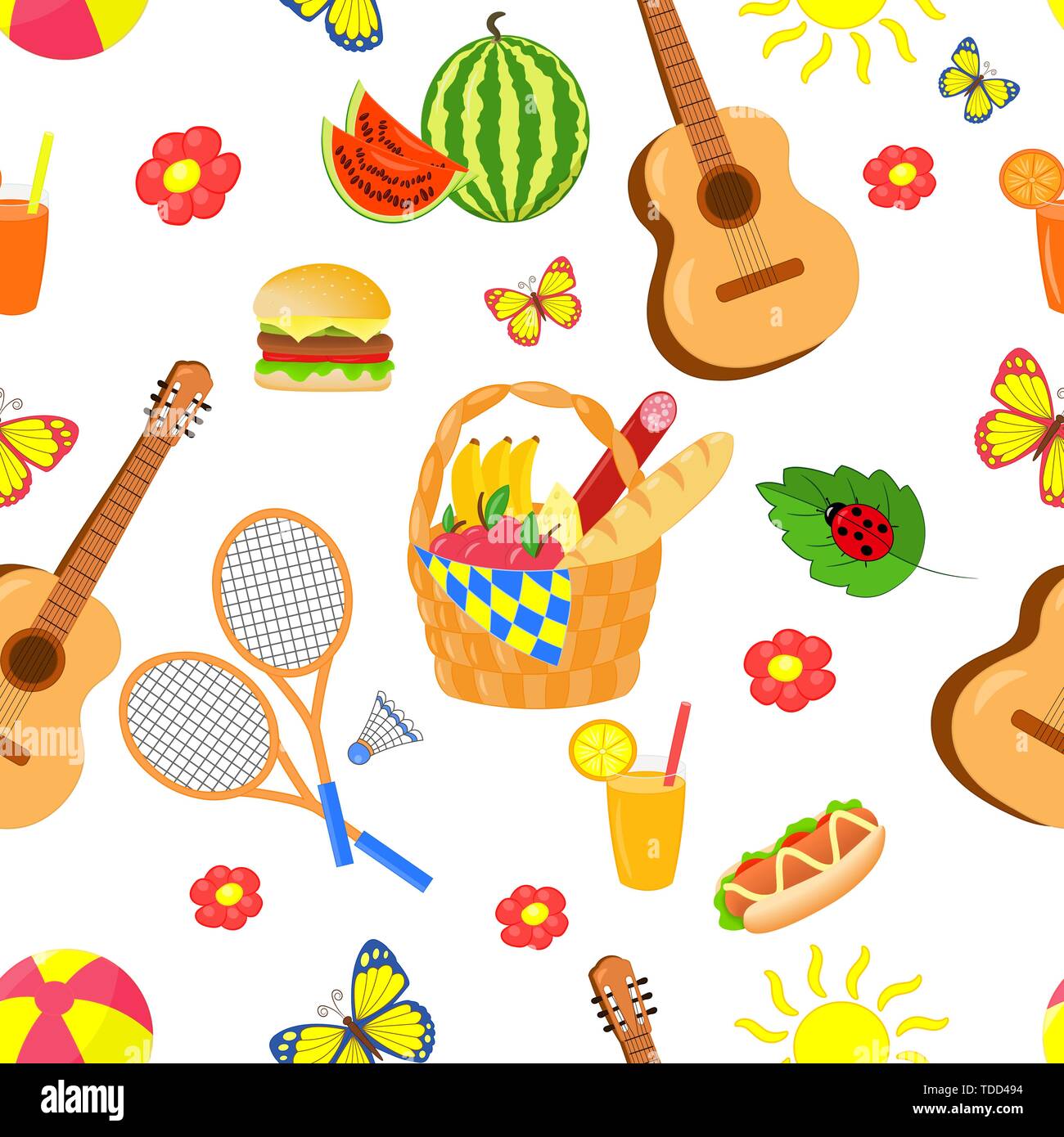 Vector seamless pattern con picnic estivo impostato con il cibo e l'intrattenimento esterno su sfondo bianco Illustrazione Vettoriale