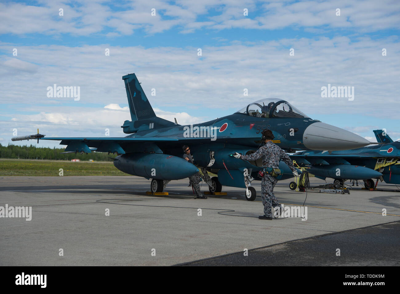 Japan Air Forze di autodifesa membri eseguire la pre-controlli di volo su una F-2 aerei durante il RED FLAG-Alaska 19-2 a Eielson Air Force Base in Alaska, 11 giugno 2019. RF-Un è un annuale U.S. Pacific Air Forces field training esercizio per gli Stati Uniti e le forze internazionali per migliorare la lotta contro la disponibilità di gruppi di partecipanti. (U.S. Air Force foto di Senior Airman Kristen Heller) Foto Stock