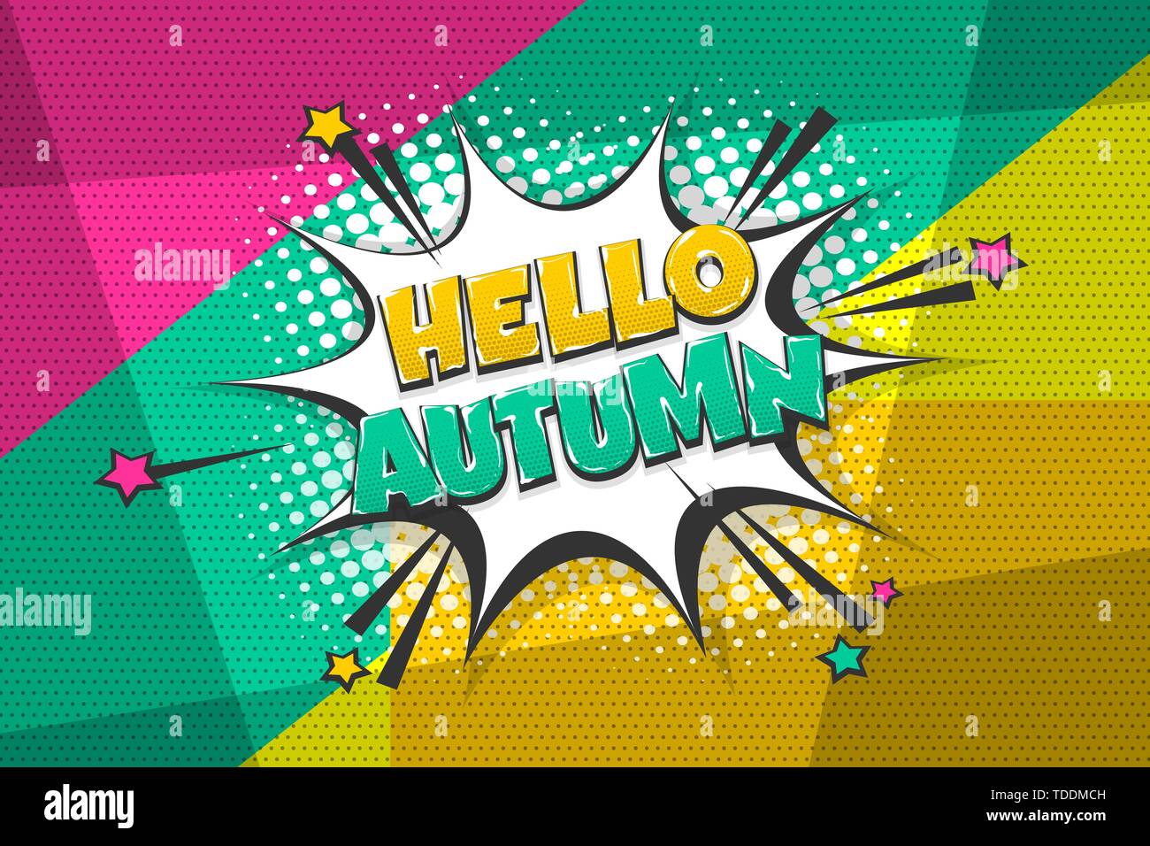 Ciao autunno testo fumetto discorso bolla pop art. Libro di fumetti halftone background geometrico. Il vettore nella casella di dialogo palloncino. Illustrazione Vettoriale