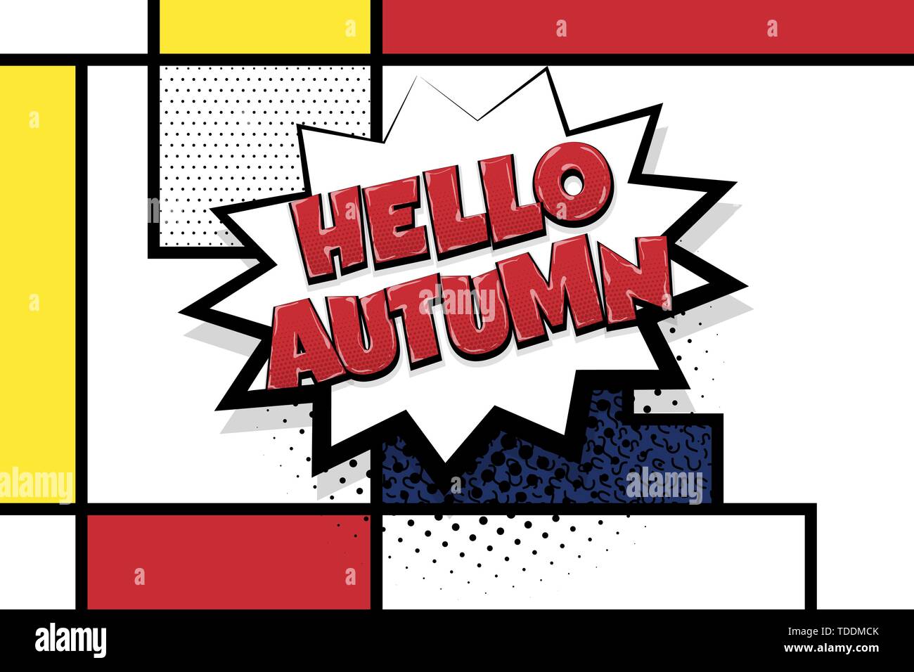 Ciao autunno testo fumetto discorso bolla pop art. Libro di fumetti halftone background geometrico. Il vettore nella casella di dialogo palloncino. Illustrazione Vettoriale