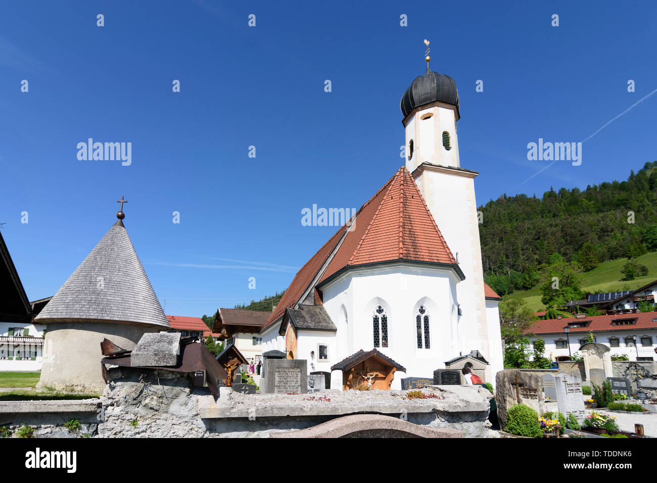 Wallgau: chiesa Sankt Jakob in Alta Baviera, Garmisch-Partenkirchen, Alta Baviera, Baviera, Baviera, Germania Foto Stock