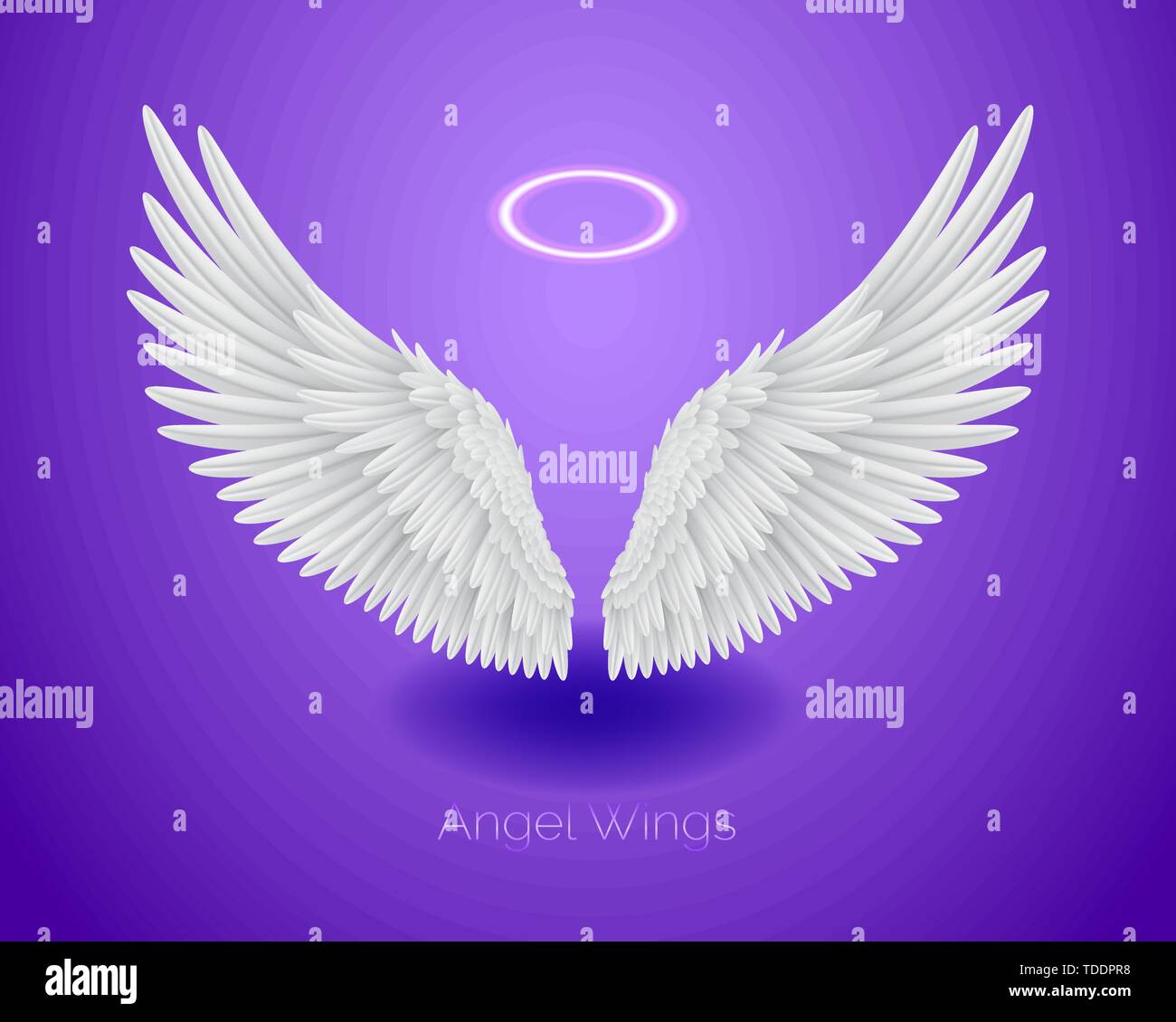 White angel wings e splendente nimbus, piume realistica Illustrazione Vettoriale