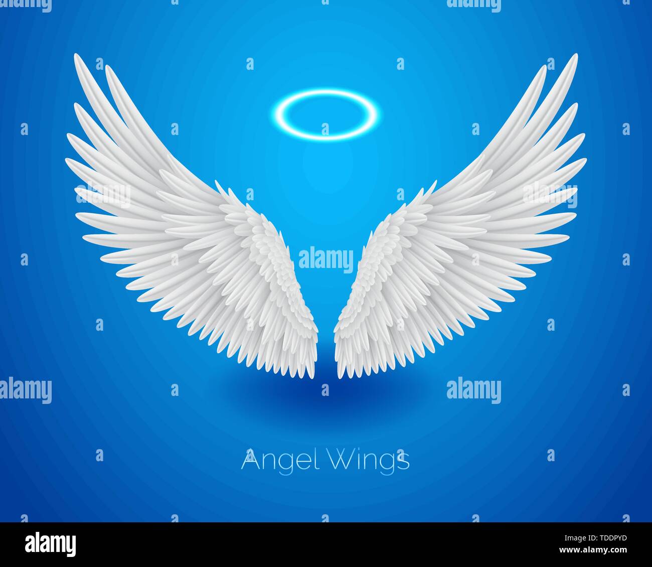 White angel wings e splendente nimbus, piume realistica Illustrazione Vettoriale