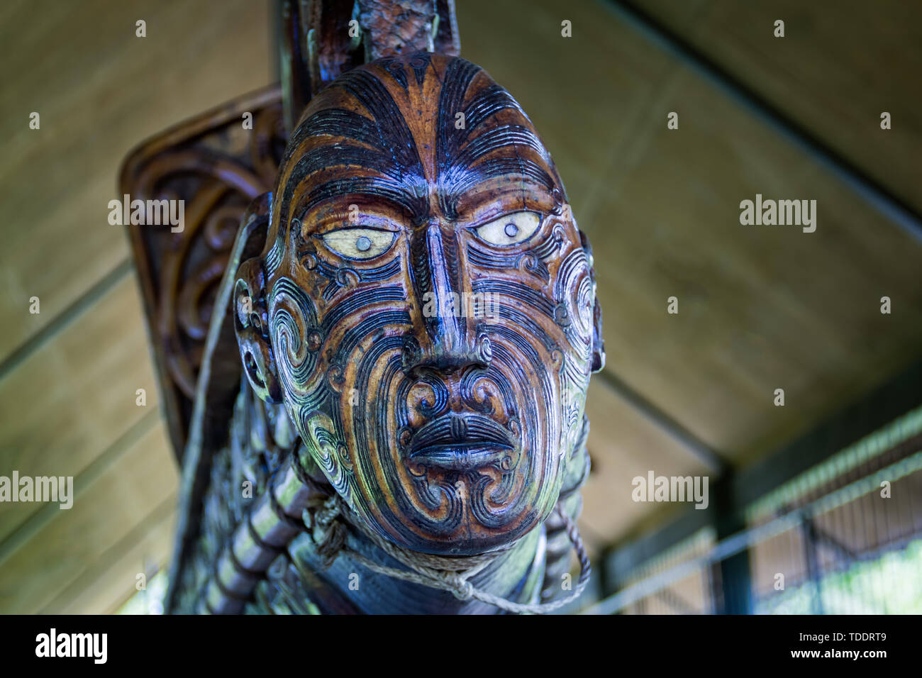 Tradizionale Maori carving -maschera facciale di legno a Rotorua, Nuova Zelanda il 26 febbraio 2012 Foto Stock