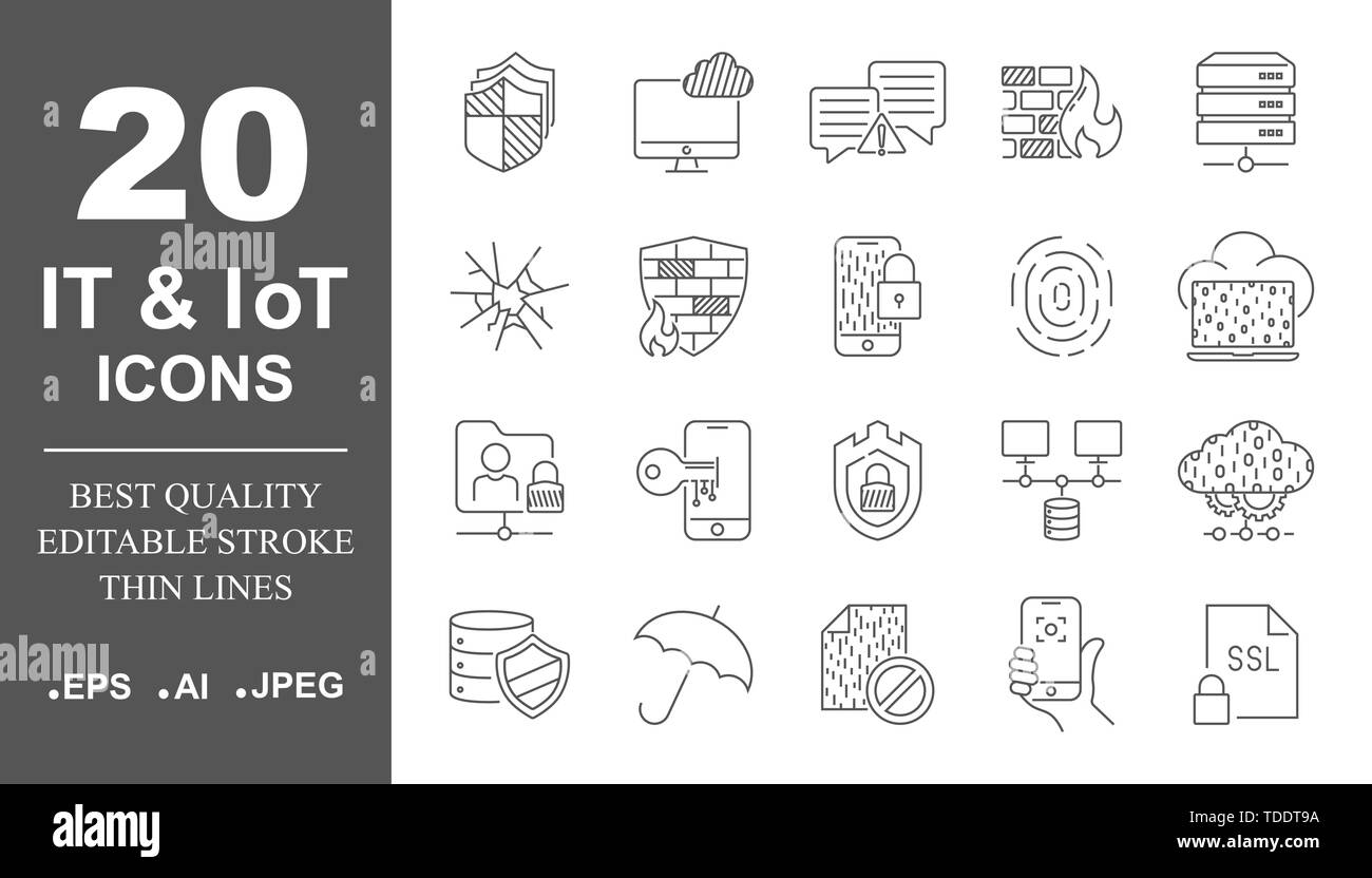 Cyber security, tecnologia digitale, IT, IoT, smart protection, reti. Icone semplici set. Corsa modificabile. Illustrazione Vettoriale