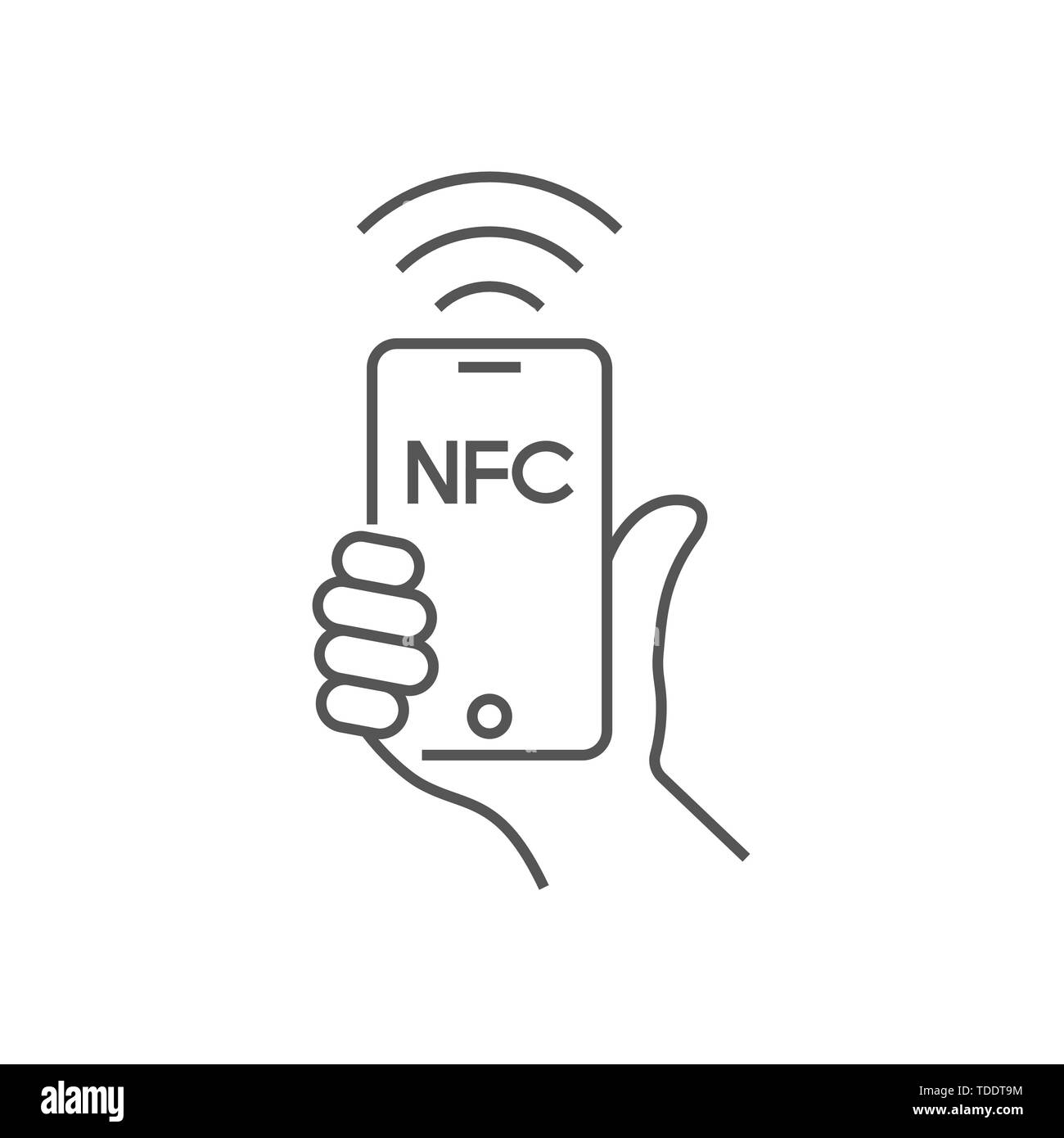 Near Field Communication, telefono cellulare con modulo NFC in mano, il pagamento tramite smartphone, NFC linea del vettore icona per app e siti web. Corsa modificabile Illustrazione Vettoriale