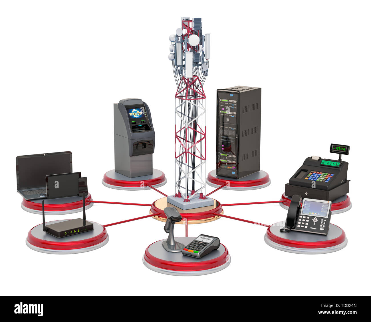 Torre mobile con trading, banche ed uffici attrezzatura concetto. 3D rendering isolati su sfondo bianco Foto Stock