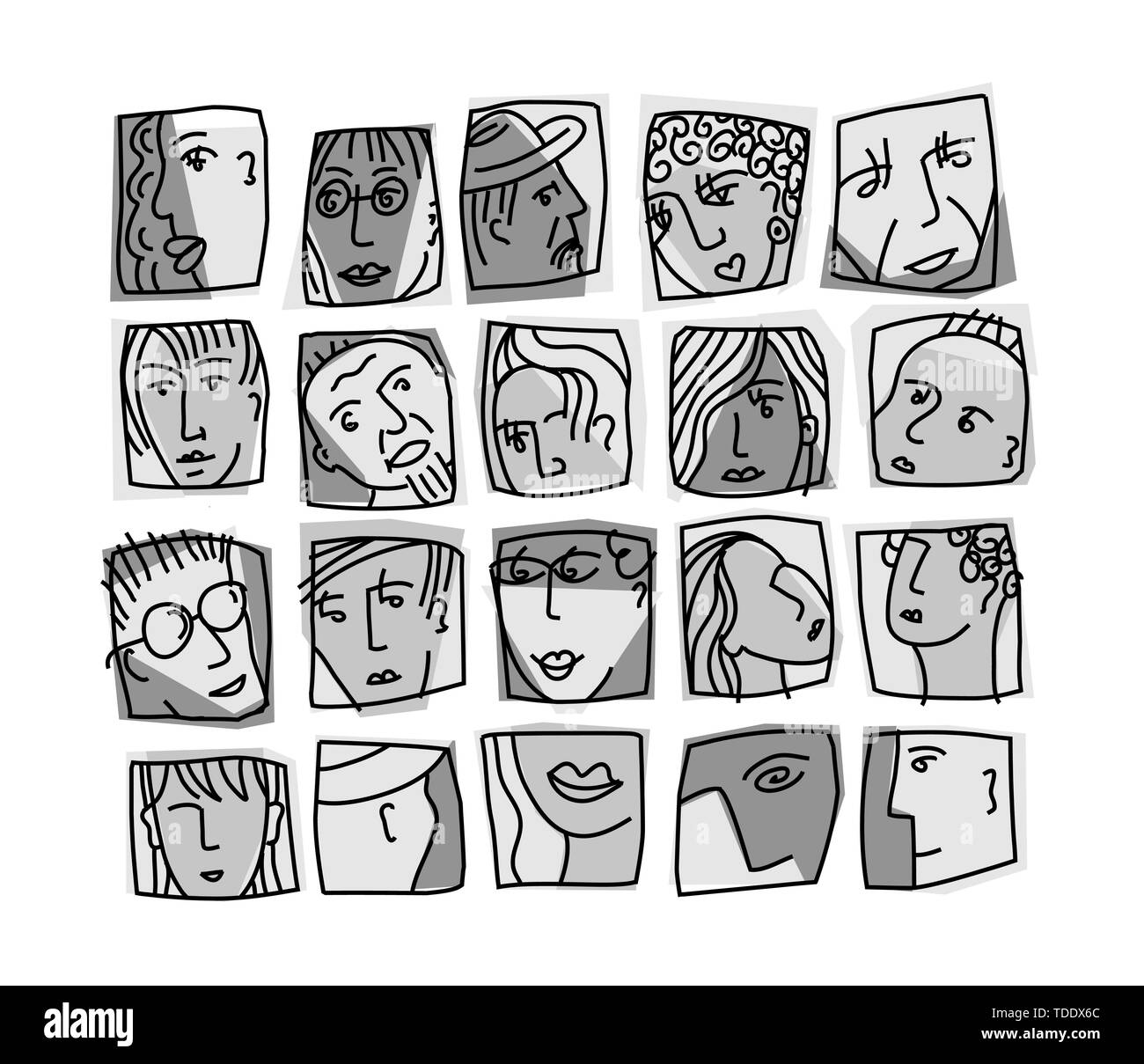 Persone facce astratta avatar caratteri in scala di grigi set di icone Illustrazione Vettoriale