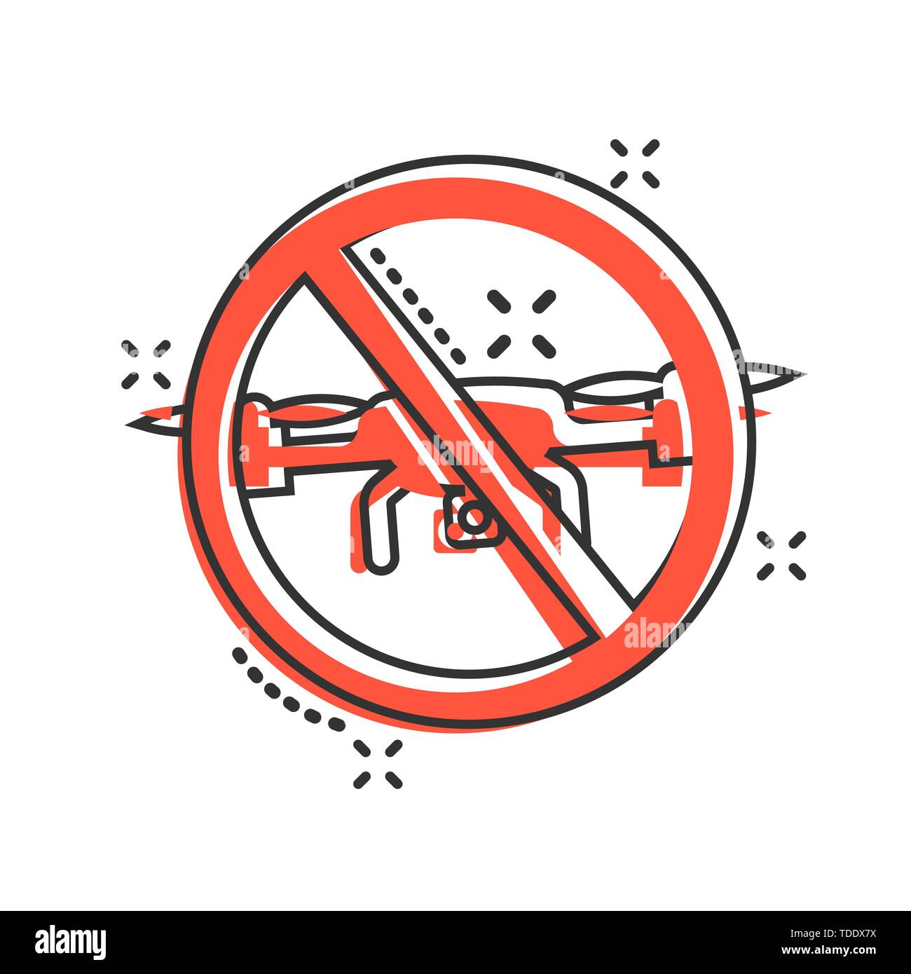Nessuna zona di drone segno icona in stile fumetto. Divieto Quadrocopter vettore illustrazione cartoon bianco su sfondo isolato. Elicottero volo proibito busines Illustrazione Vettoriale