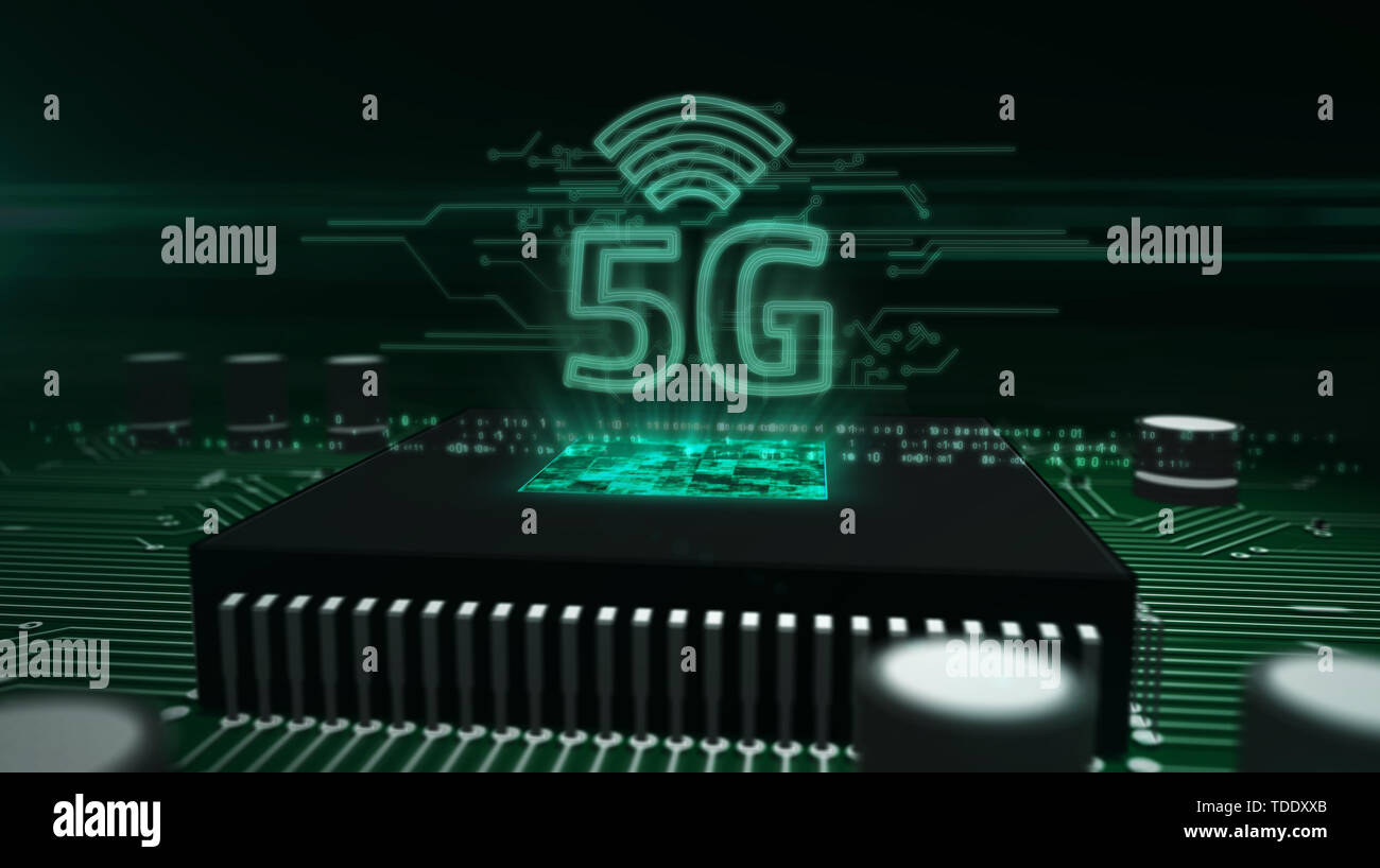 5G ologramma sulla CPU di lavoro su una scheda di circuito in background. 5G, nuova tecnologia, la comunicazione e la trasmissione in streaming e internet mobile concept 3d Foto Stock