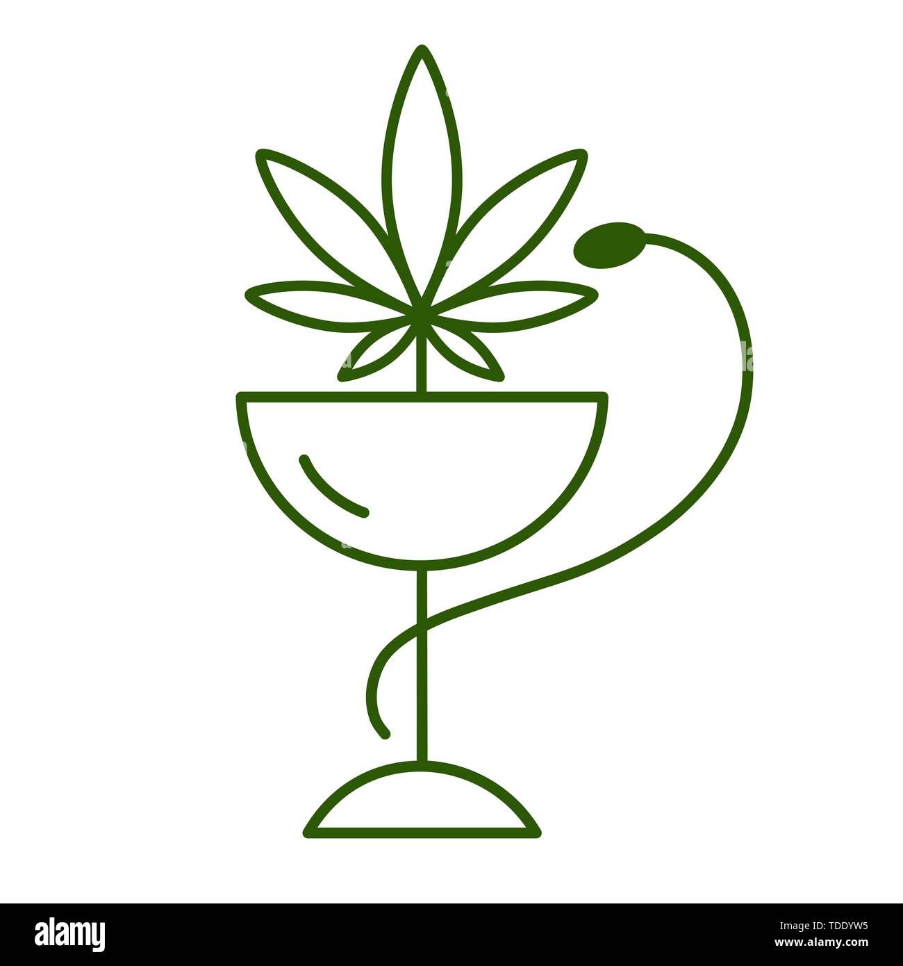 La marijuana medica con un serpente verde. La marijuana farmacia. La salute e la terapia medica. Isolato illustrazione vettoriale su sfondo bianco. Illustrazione Vettoriale