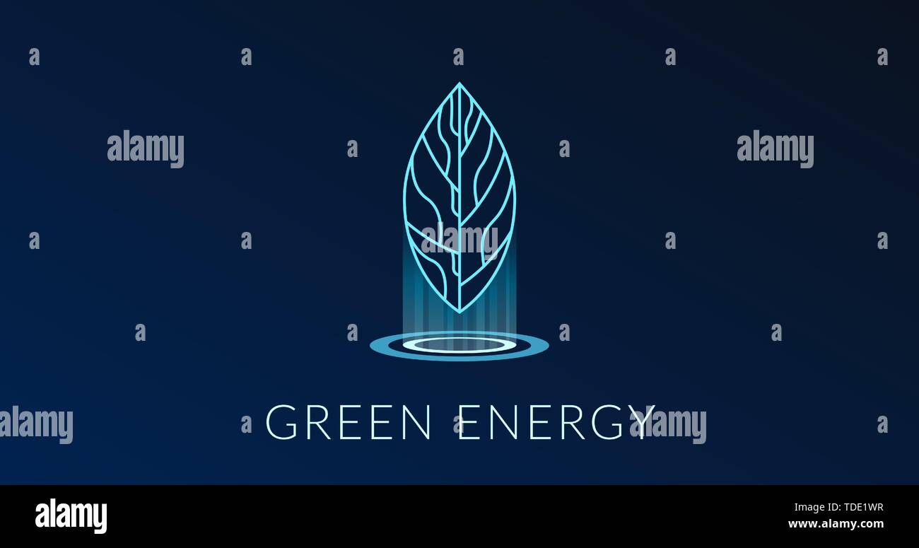 Energia verde, ologramma leaf logo design, energia verde poster, blu luci energetico. Illustrazione Vettoriale