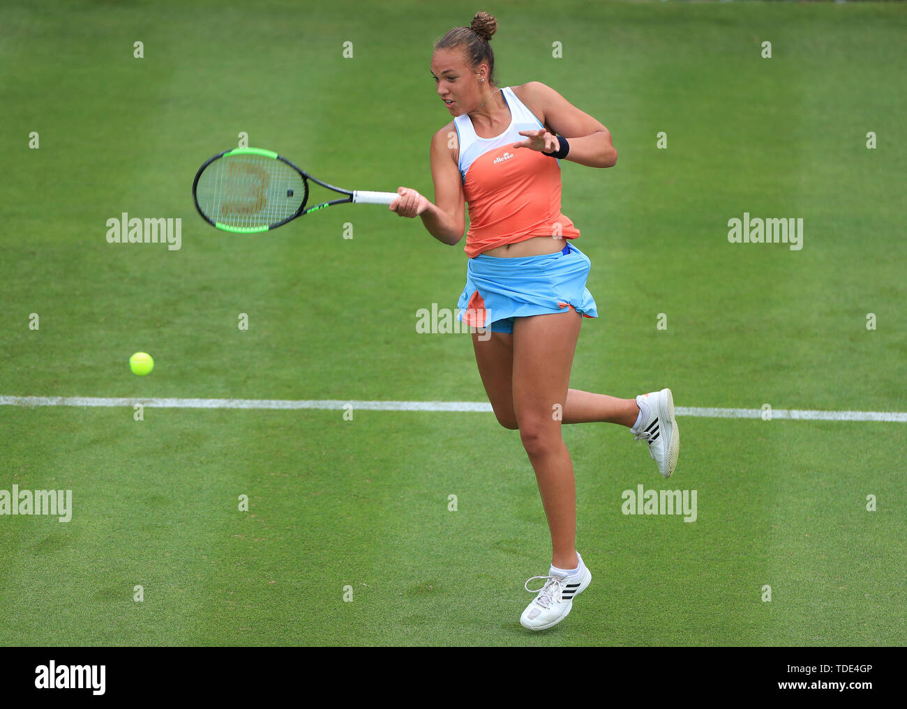 Gran Bretagna Freya Christie in azione contro Australia Destanee Aiava durante il giorno uno di natura Valle Classic a Edgbaston Priory Club, Birmingham Foto Stock