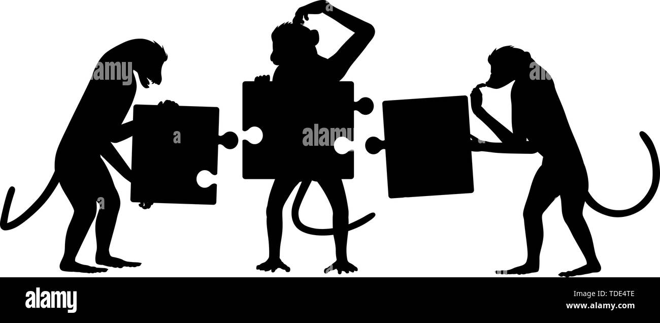Vettoriale modificabile di silhouette tre scimmie lottando per mettere insieme un semplice puzzle con tutti gli elementi come oggetti separati Illustrazione Vettoriale