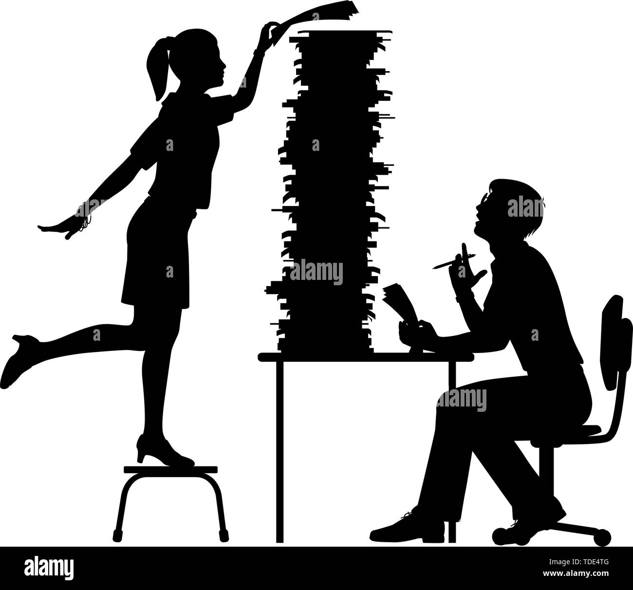 Vettore modificabile silhouette di una segretaria aggiunta al lavoro eccessivo cumulo di un lavoratore di ufficio con figure come oggetti separati Illustrazione Vettoriale