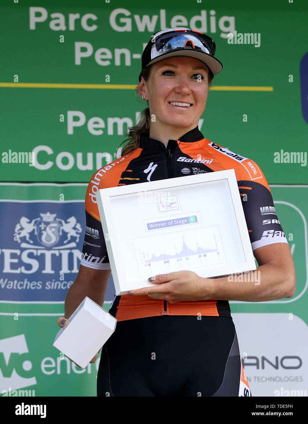Vincitore di tappa Dolmans Boels Cycling Team Amy Pieters durante la fase sei dell'OVO energia donna Tour. Foto Stock