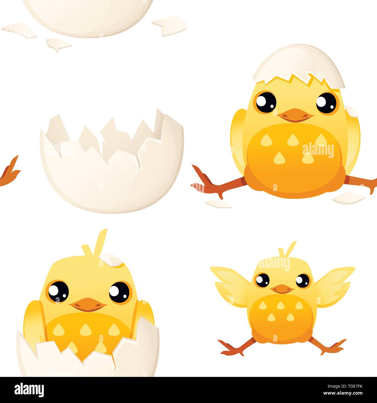 Seamless pattern del piccolo grazioso pulcino cartoon con il cappello dal guscio delle uova e senza cartoon character design piatto illustrazione vettoriale. Illustrazione Vettoriale