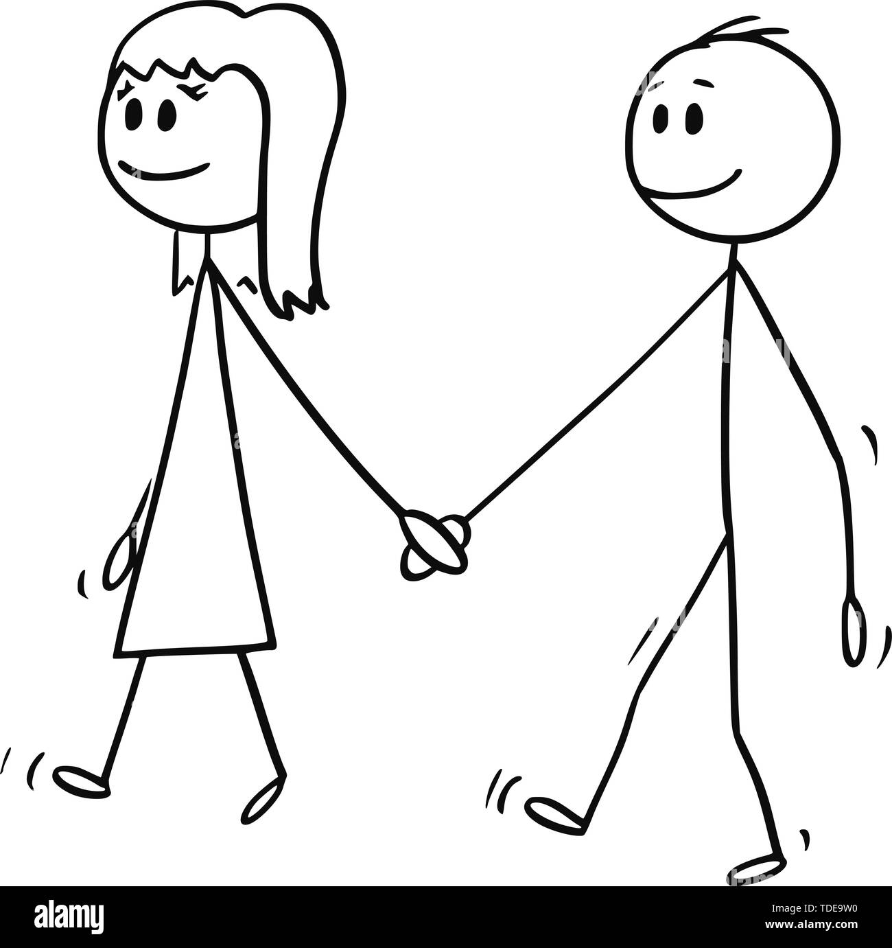Vector cartoon stick figura disegno illustrazione concettuale del ragazzo e una ragazza per mano e camminare insieme. Illustrazione Vettoriale