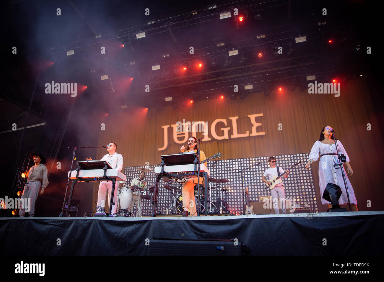 Oslo, Norvegia. 14 Giugno, 2019. Oslo, Norvegia - 14 giugno 2019. La band britannica e collettivo musicale Jungle esegue un concerto dal vivo durante il norvegese music festival Piknik mi Parken 2019 a Oslo. (Photo credit: Gonzales foto/Alamy Live News Foto Stock