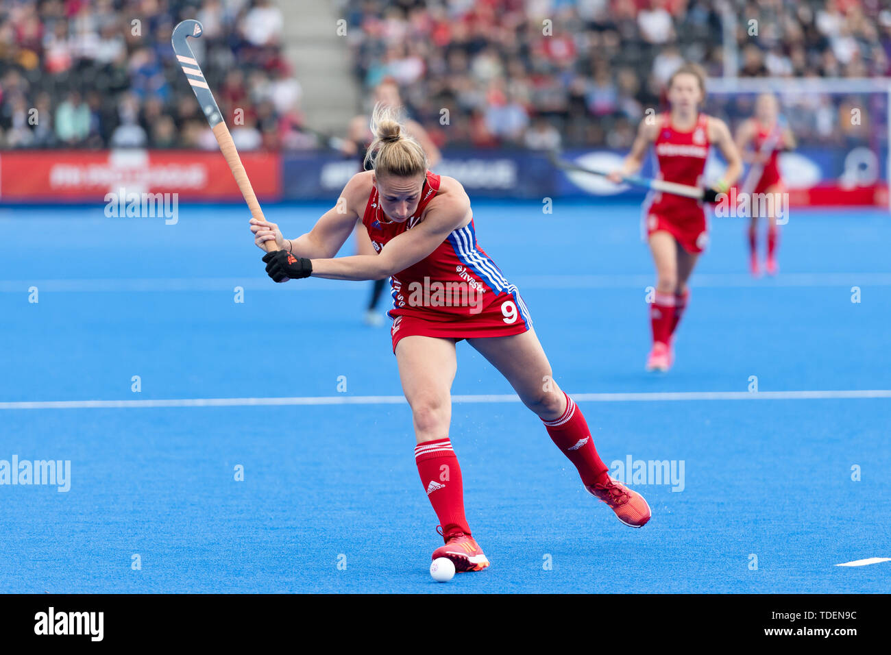 Londra, Regno Unito. 15 GIU, 2019. Susannah Townsend (GBR) in azione durante il connettore FIH Pro League: Gran Bretagna vs Paesi Bassi (donne) a Lea Valley Hockey e il Centro Tennis di Sabato, 15 giugno 2019 a Londra Inghilterra. Credito: Taka G Wu/Alamy Live News Foto Stock