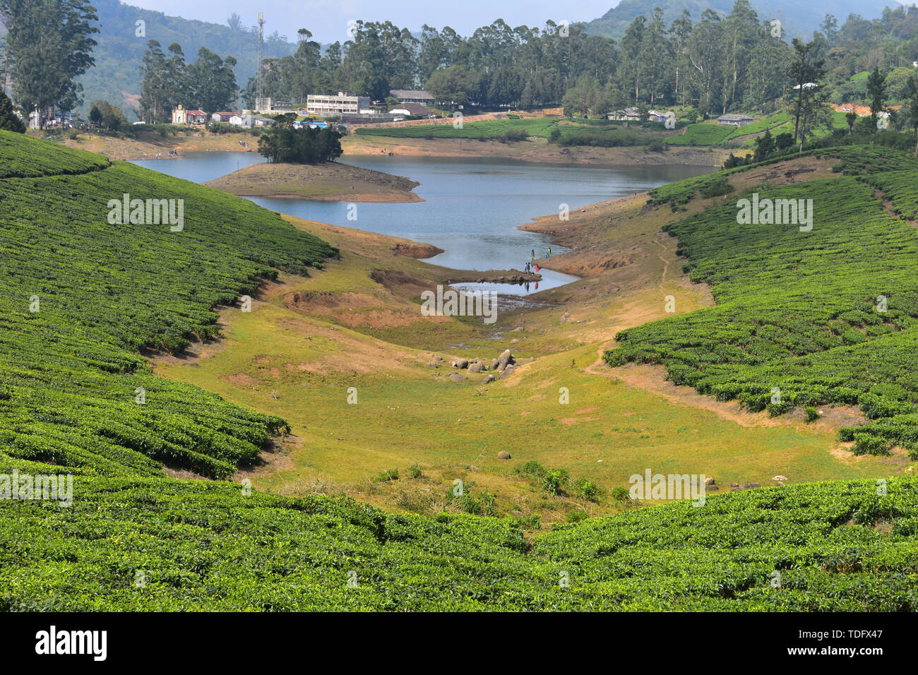 Fiume Meghamalai e alte montagne ondulate Foto Stock