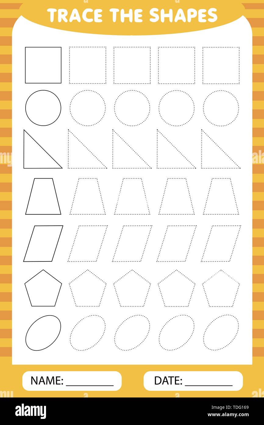 Di apprendimento per i bambini, attività di disegno. tracciare le forme geometriche attorno al contorno. Illustrazione Vettoriale