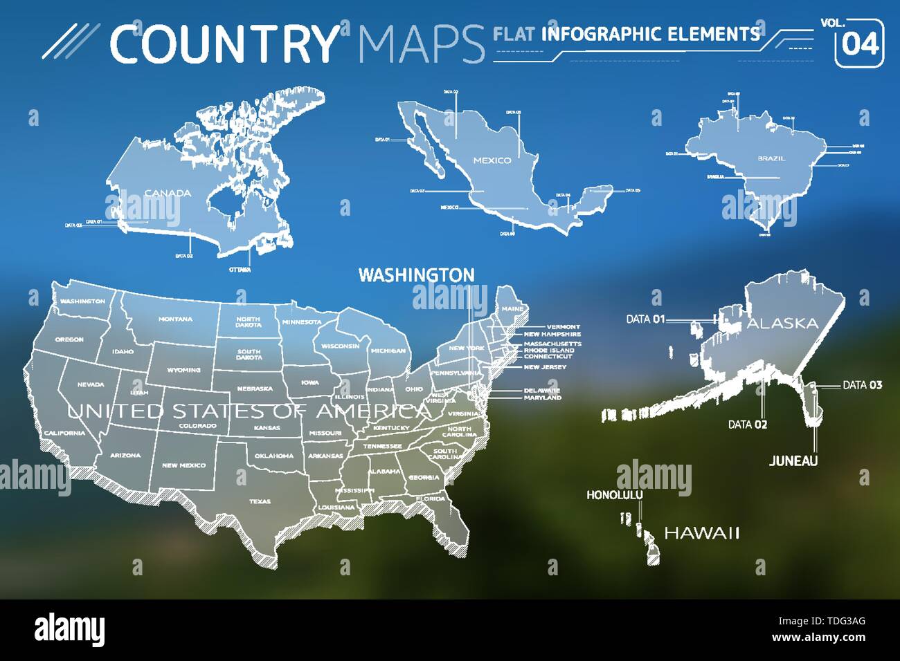 In Canada, Messico, Brasile, Stati Uniti d'America, Alaska e Hawaii mappe vettoriali Illustrazione Vettoriale