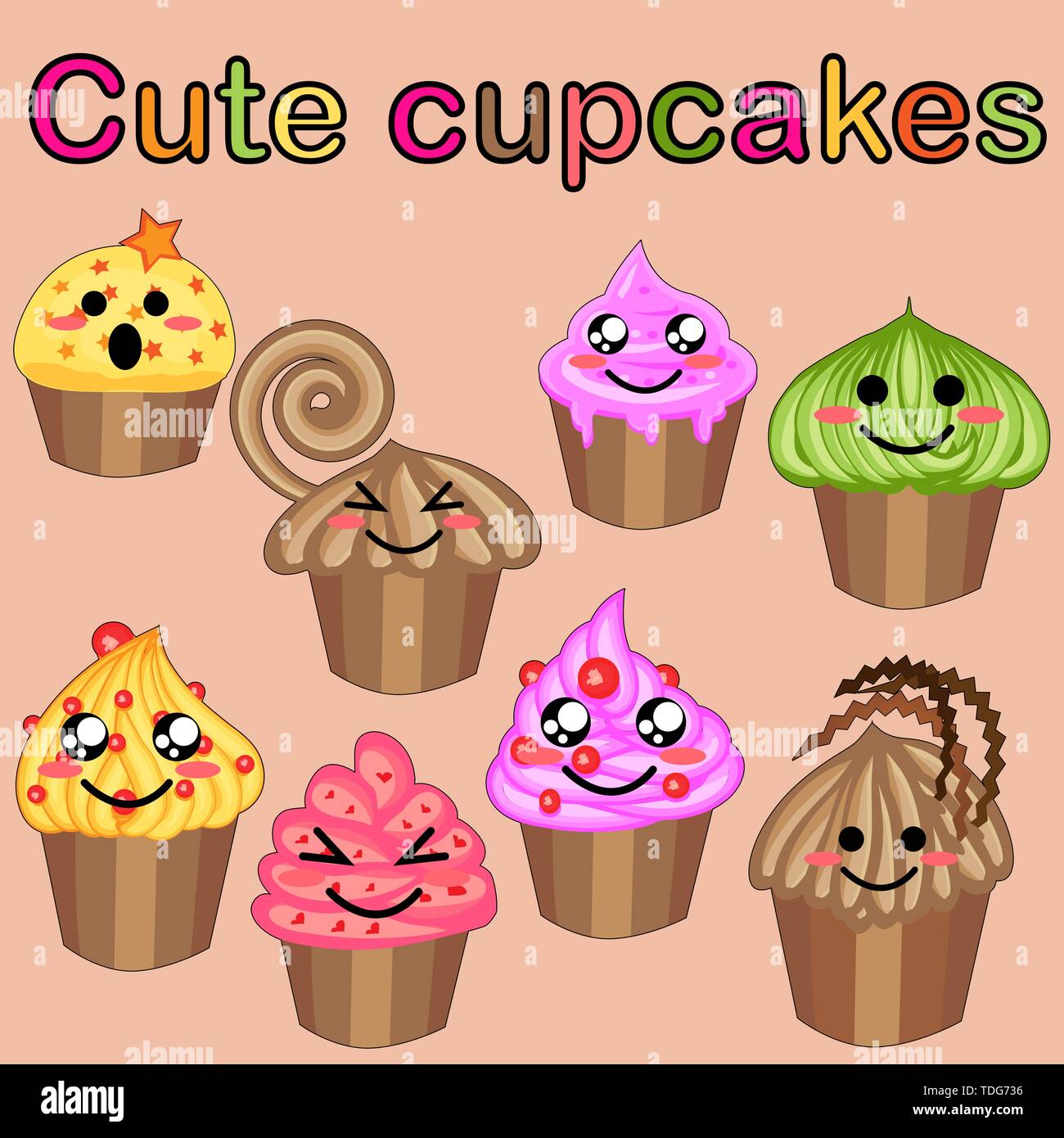 Set di carino dolce icone in stile kawaii con volto sorridente e guance rosa per il dolce design. Gelato, candy, torta, tortina Illustrazione Vettoriale