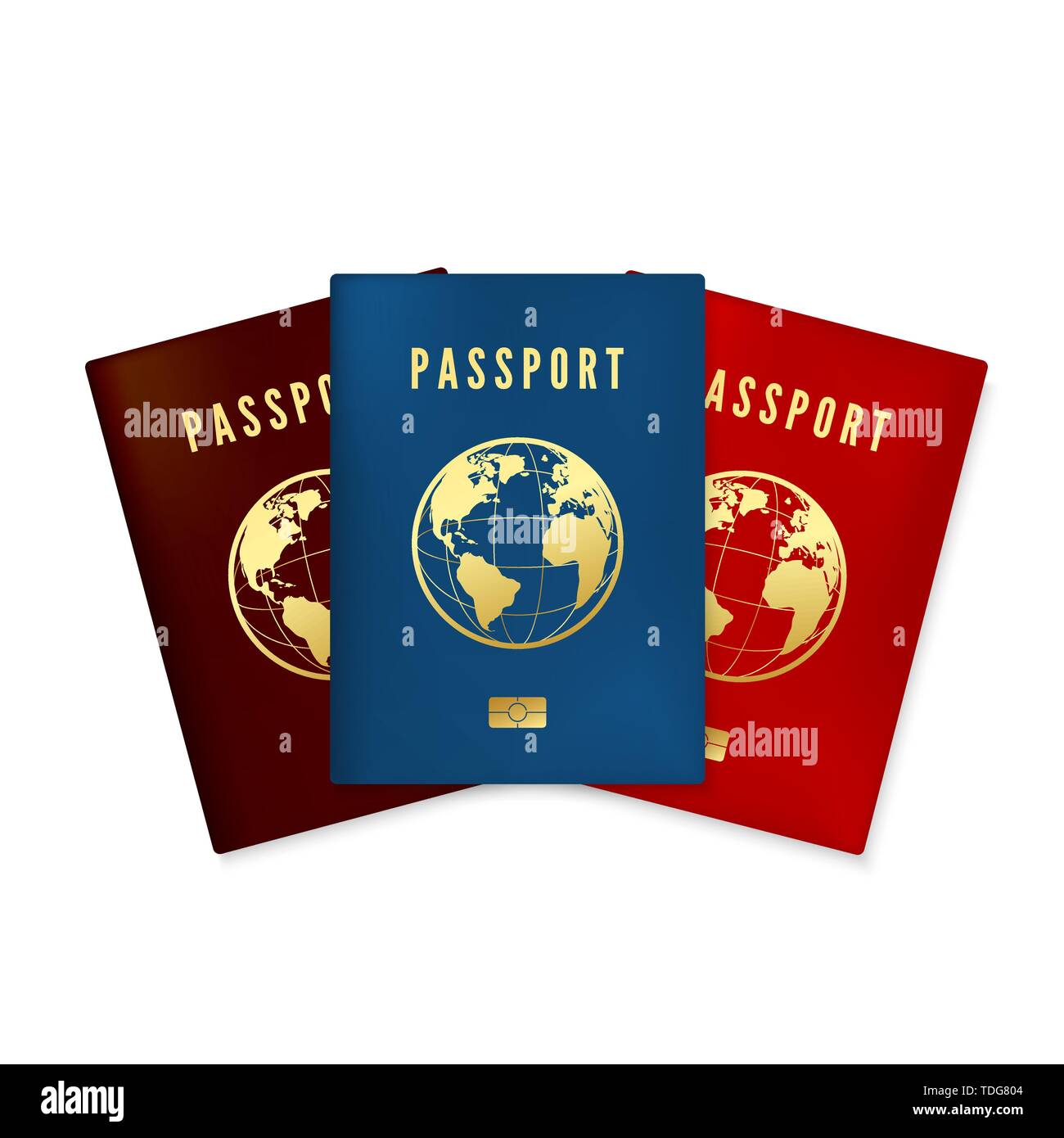 Set di dati biometrici blu marrone e rosso coperchio di passaporti. Documento di identità digitali con id. Golden testo passaporto e mappa globale con microchip. Mal di vettore Illustrazione Vettoriale