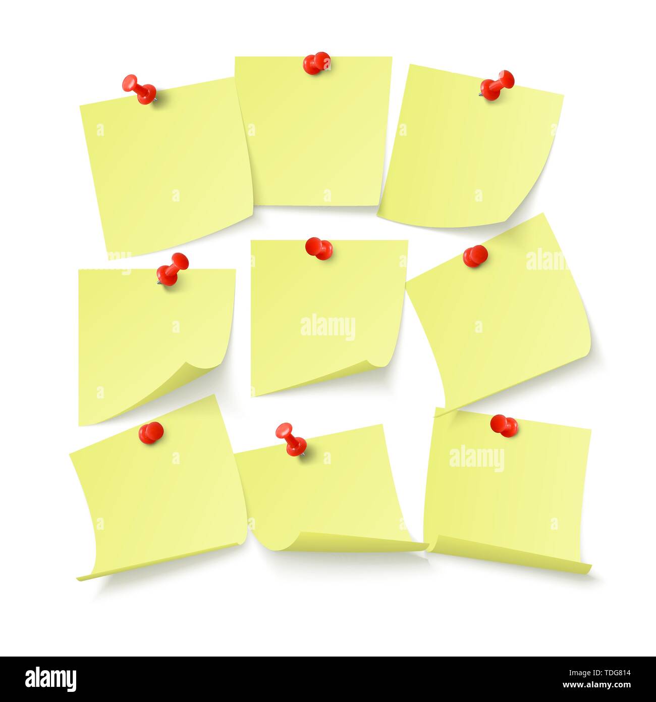 Set di adesivi di colore giallo con spazio per il testo o messaggio bloccato da agganciare alla parete. Illustrazione di vettore isolato su sfondo bianco Illustrazione Vettoriale