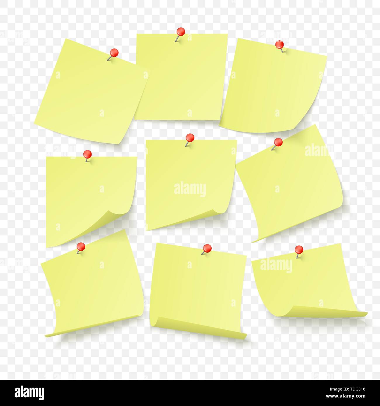 Set di giallo adesivi per ufficio con spazio per il testo o messaggio bloccato da neeples alla parete. Illustrazione di vettore isolato su sfondo trasparente Illustrazione Vettoriale
