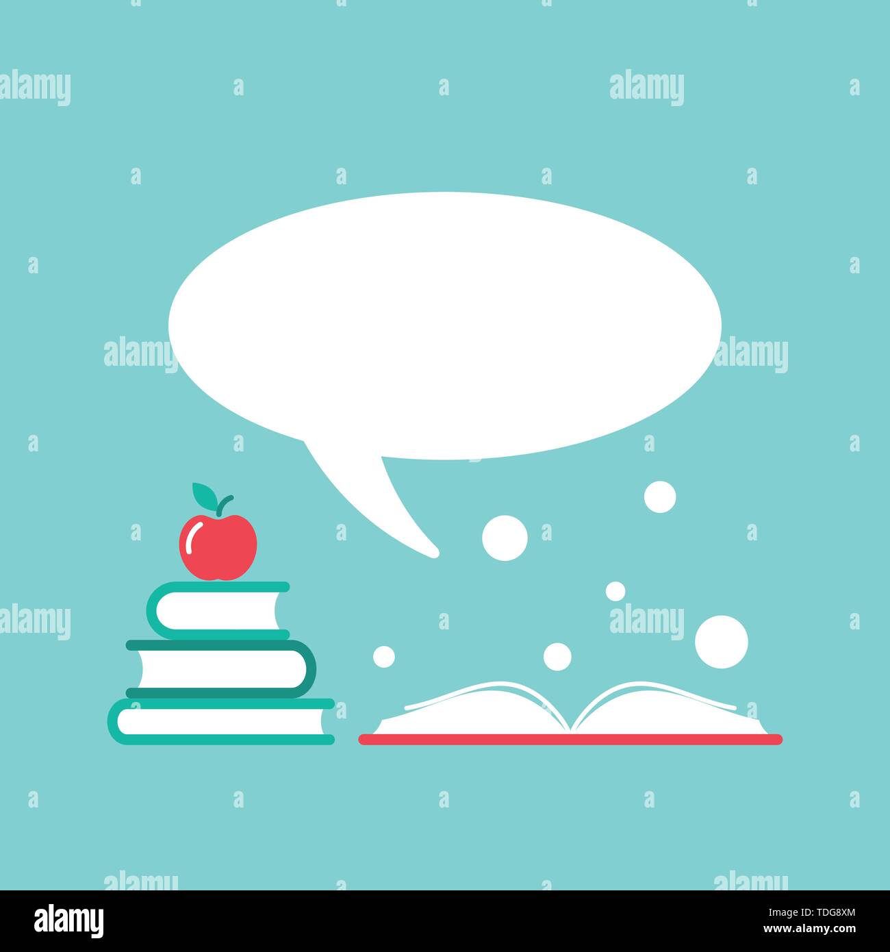 Pila di libri con Apple e il libro aperto con coperchio arancione e il grande discorso bolla. Illustrazione Vettoriale