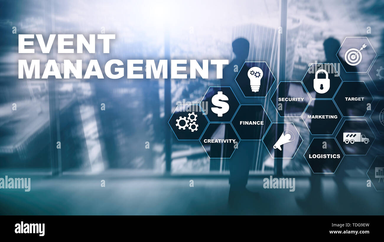 Gestione di eventi del concetto. Gestione di eventi del diagramma di flusso. La gestione degli eventi voci correlate. Mixed media business. Foto Stock