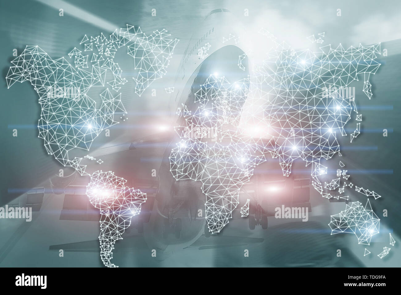 Mondo Globale Mappa doppia rete di esposizione. Telecomunicazioni, International Business Internet e il concetto di tecnologia Foto Stock