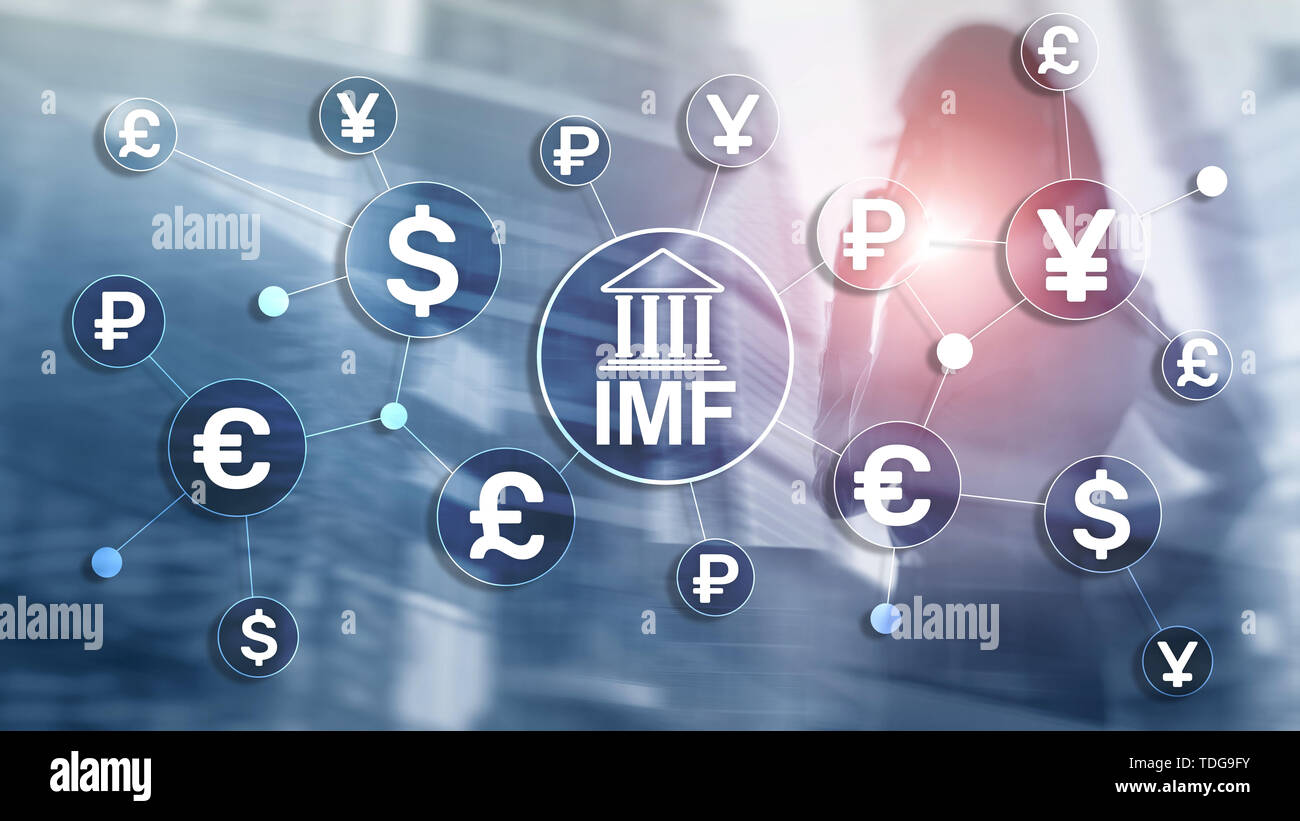 Fmi fondo monetario internazionale banca mondiale organizzazione. Il concetto di business su sfondo sfocato Foto Stock