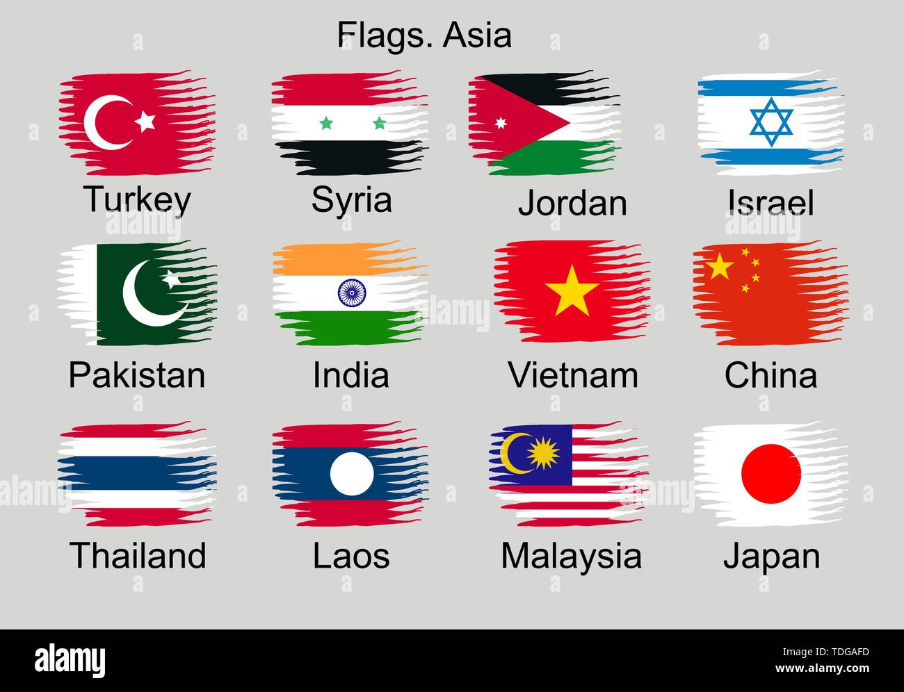 Bandiere di paesi asiatici. La Turchia, Pakistan, Siria, India, Cina, Giappone, Laos, Tailandia, Israele e altri. Illustrazione Vettoriale