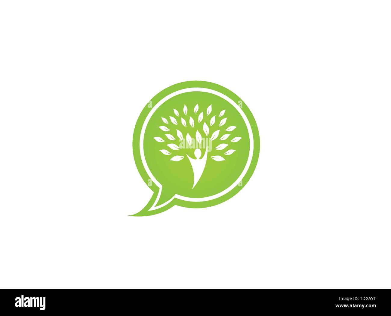 Tronco di albero con testa e foglie verdi logo design illustrazione nell'icona chat Illustrazione Vettoriale